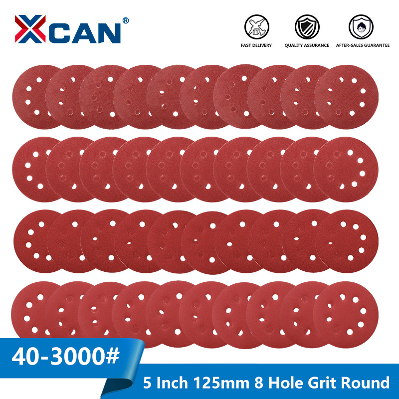XCAN 5 Inci 125Mm 8 Lubang 40-3000 Grit Bentuk Bulat Cakram Pengamplasan Lembaran Pengilap Amplas 8 