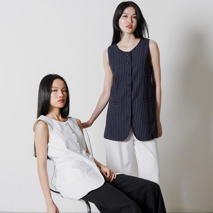 This Is April Atasan Vest Striped Wanita Outerwear Office Look Tanpa Lengan Meghan Top White Dan
