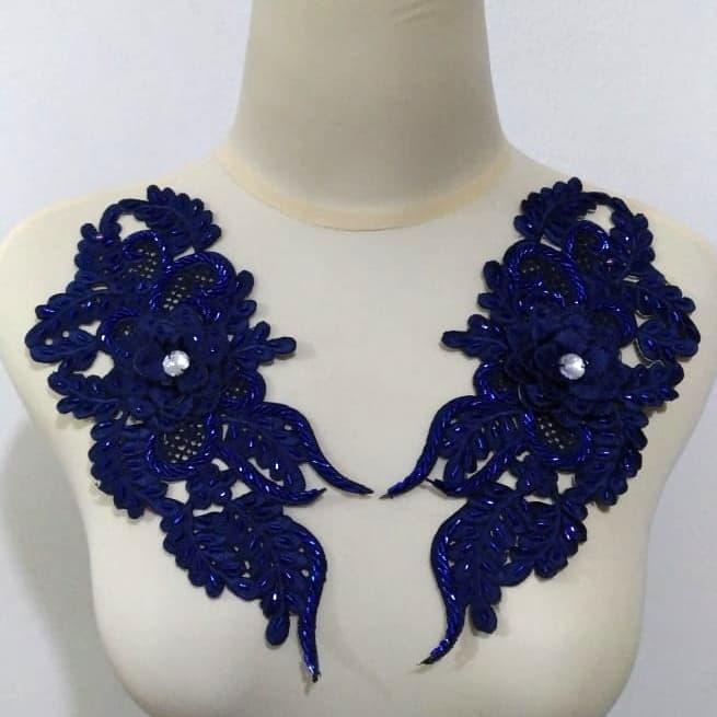 Renda Bordir Kerah Full Payet (Bambu Patah) Sepasang Biru Navy