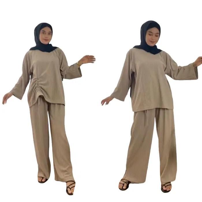 ZIVA KRUTY ONE SET RAJUT OVERSIZE JUMBO LENGAN PANJANG Atasan Baju Celana Kulot Serut Wanita Setelan