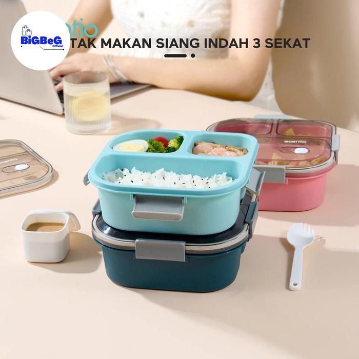 Ecentio Kotak Makan Lunch Box 3 Grid Bekal Makanan 1100Ml Wadah Kitchenware
