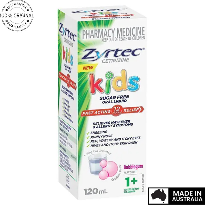 Aussie Original Zyrtec Kids Antihistamine Allergy & Hayfever Oral Liquid Bubblegum 120ml