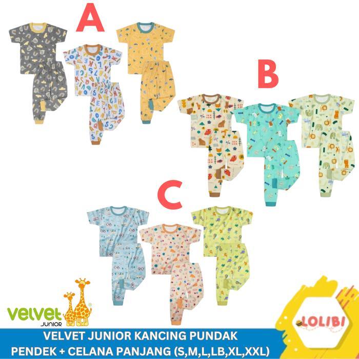 Velvet Junior Motif Terbaru Kancing Pundak Pendek + Celana Panjang 3pcs