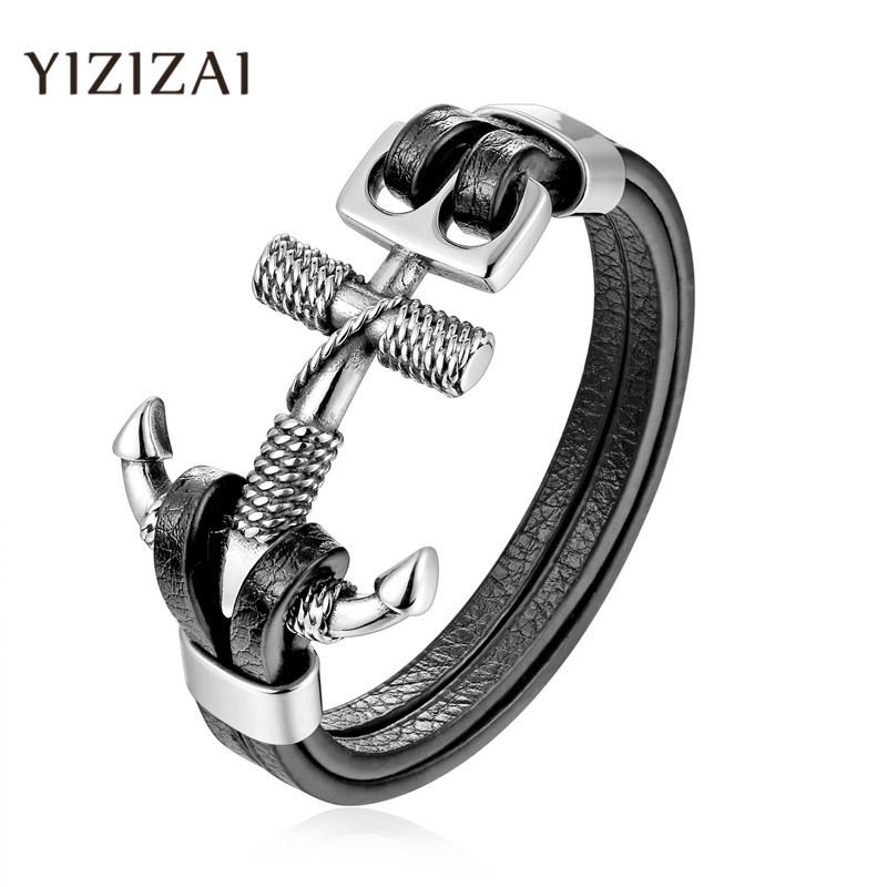 YIZIZAI Genuine Leather Anchor Bracelet Men Lion Double Wolf Shackles Stainless Steel Charm