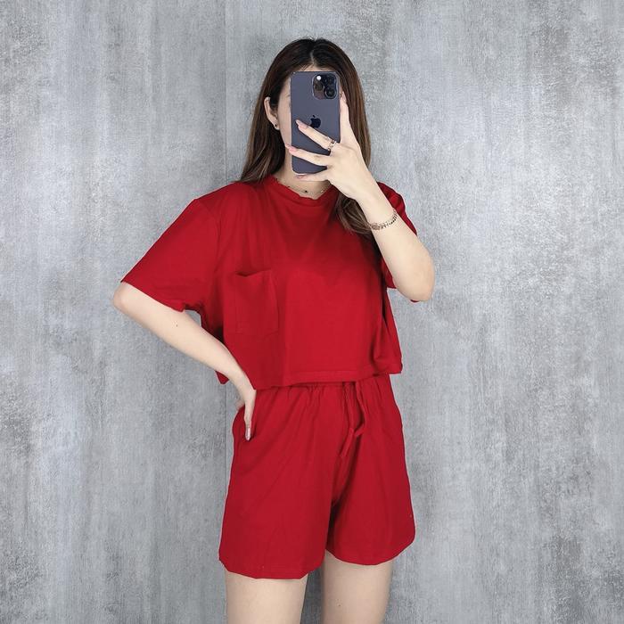 One Set Crop Pocket Setelan Wanita Crop Top Pasti Promo