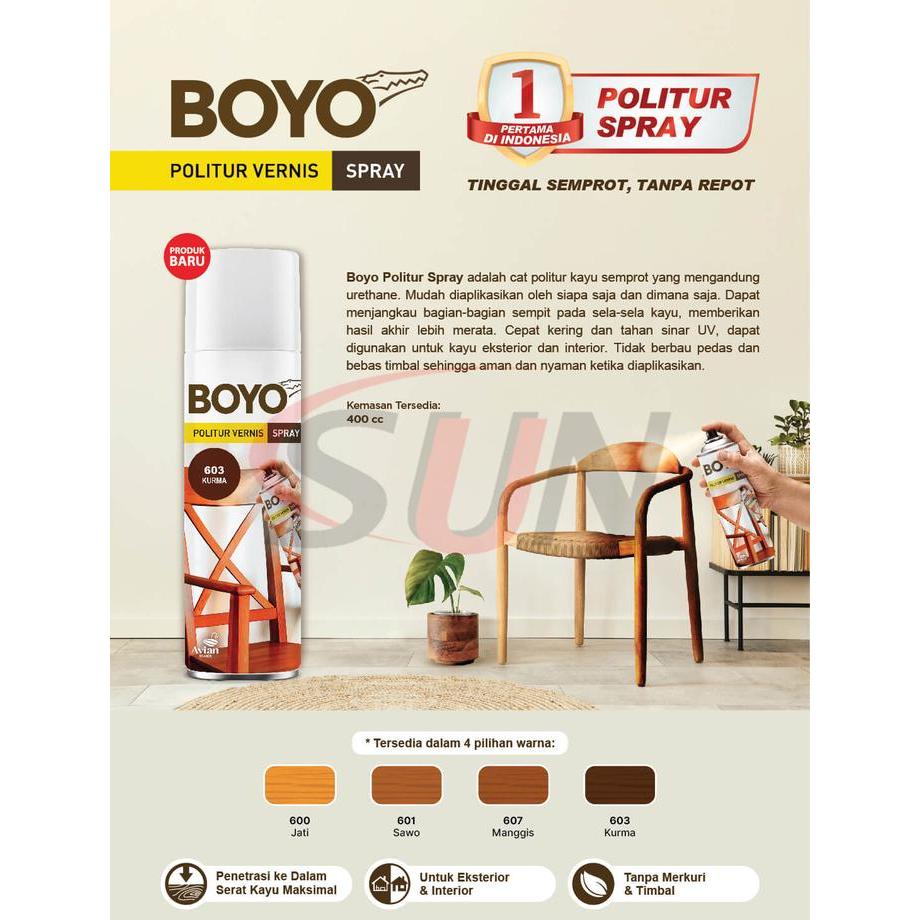 "New" Pilox Boyo Politur Spray 400 cc kayu Jati Manggis Sawo Kurma Cat Semprot Pilok Plitur