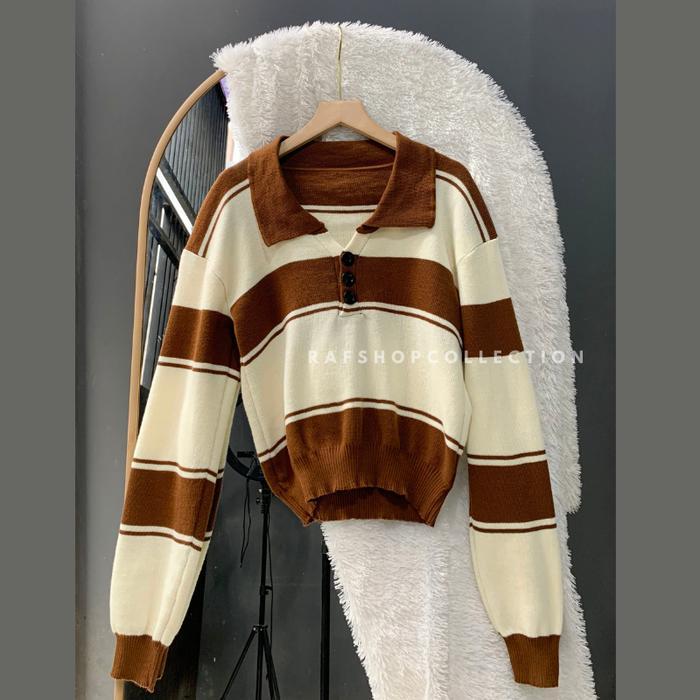 YEJIN POLO CROP - LongSleve-Rajut Murah-Atasan Rajut Baju Kancing Top Soft Knitwear Wanita Sweater