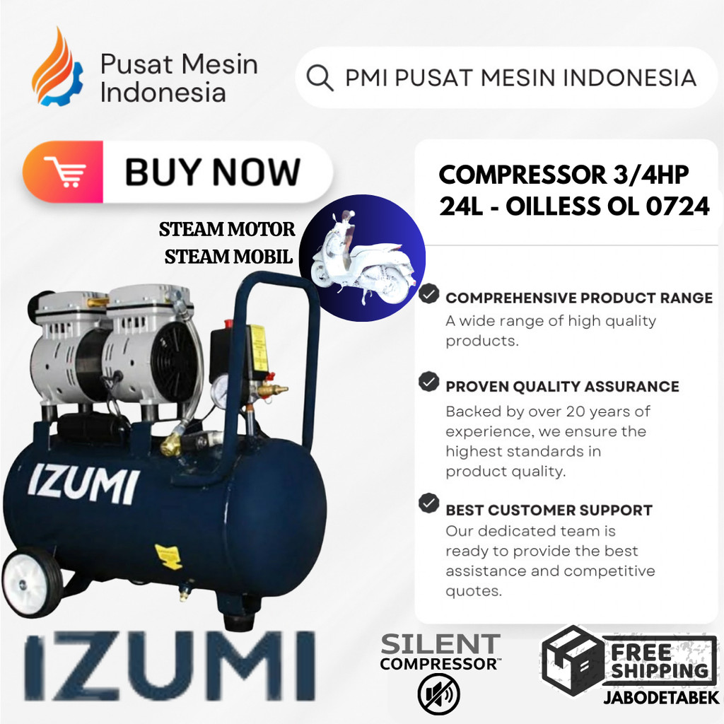 COMPRESSOR IZUMI NLG 3/4HP 24L - OILLESS OL 0724/ KOMPRESOR 220V/ KOMPRESOR 1 PHASE/ KOMPRESOR STEAM
