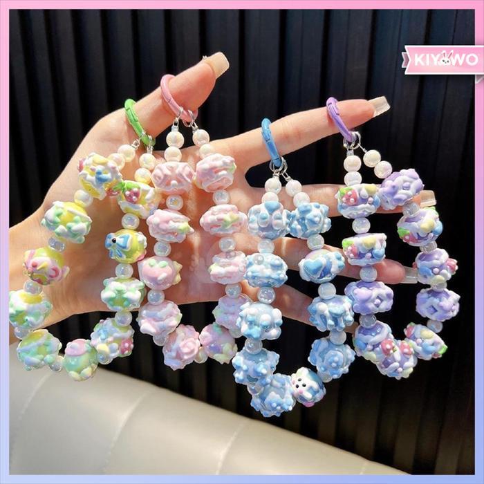 KIYOWO Gantungan Strap Cloud Pita Love Motif Beads Phone Charm Gantungan Kunci Tas Gaya Lucu Korea