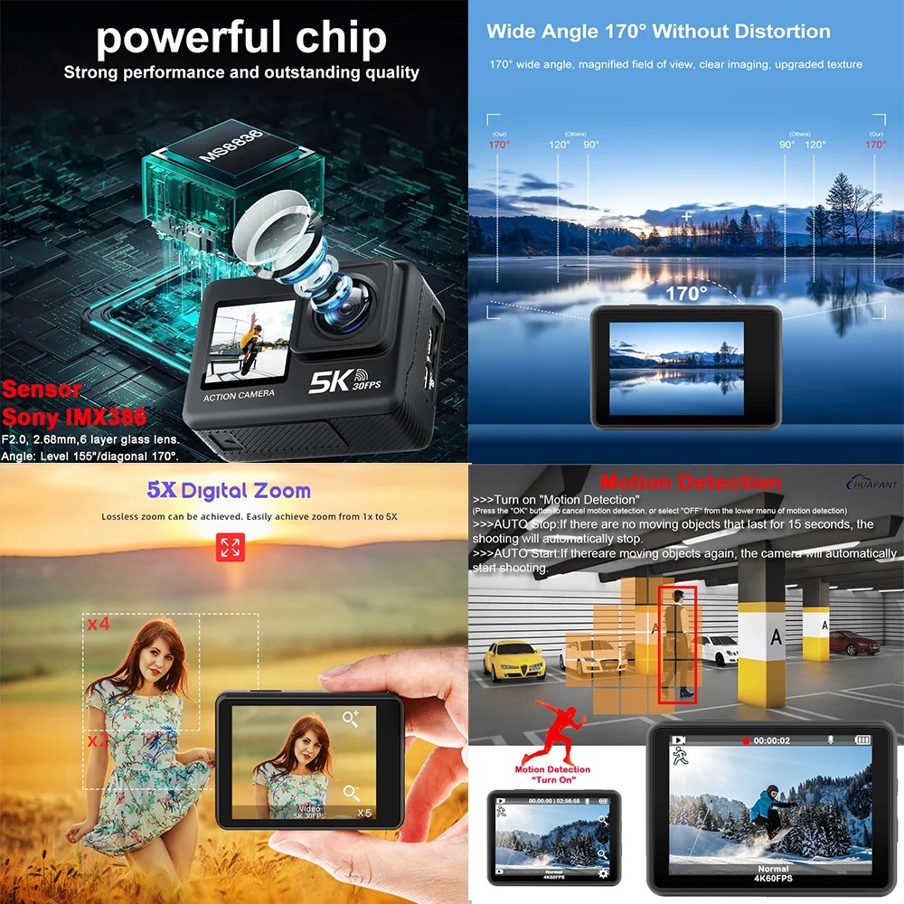 Action Camera 5K 4K60FPS 50MP 2.0 Touch EIS Pre-Record Wireless Mic Wi-Fi 170D DVR Webcam Waterproof