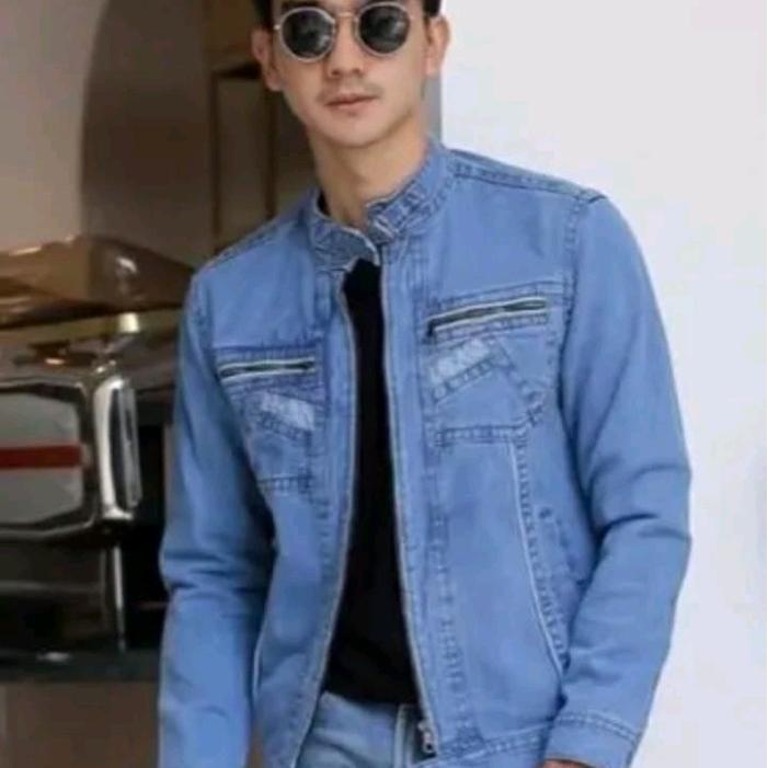 jaket jeans gesper blue resleting denim panjang Pria Casual kekinian Formal Cowok Distro Keren