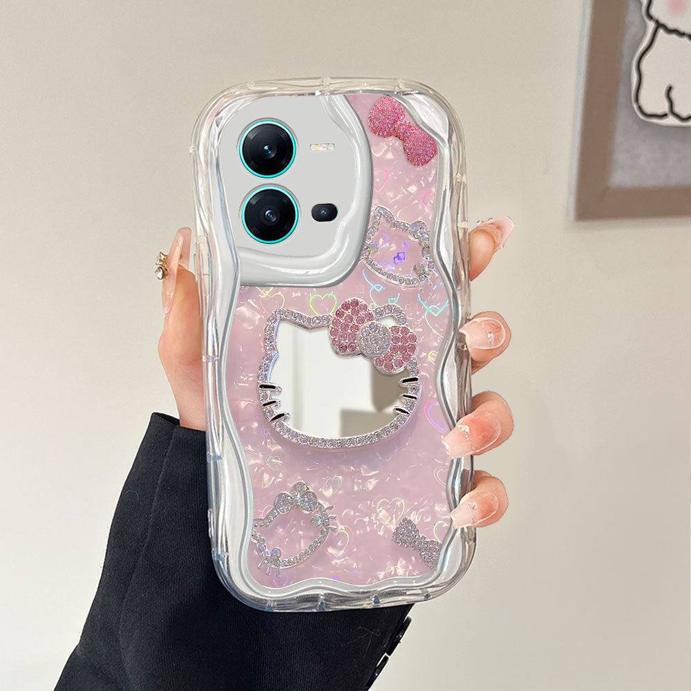 Phone Case Fashion Cermin Pink Diamond Heart Mirror Cover For VIVO V25 V25E 5G Untuk Casing Hp Softc