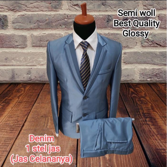 DENIM1 stel jas semi woll kilap jas wedding jas nikah jas pernikahan jas kawin jas akat nikah jas