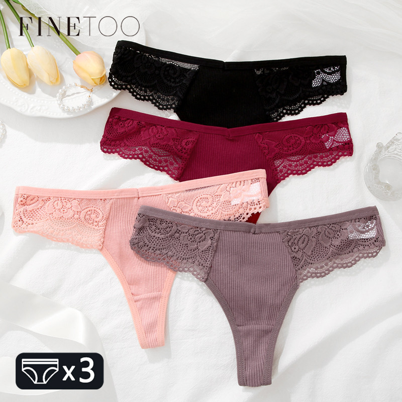 Finetoo 3Pcs Women'S Cotton Underwear Lace Thongs Solid Color Low Waist Bikini Panties Ladies