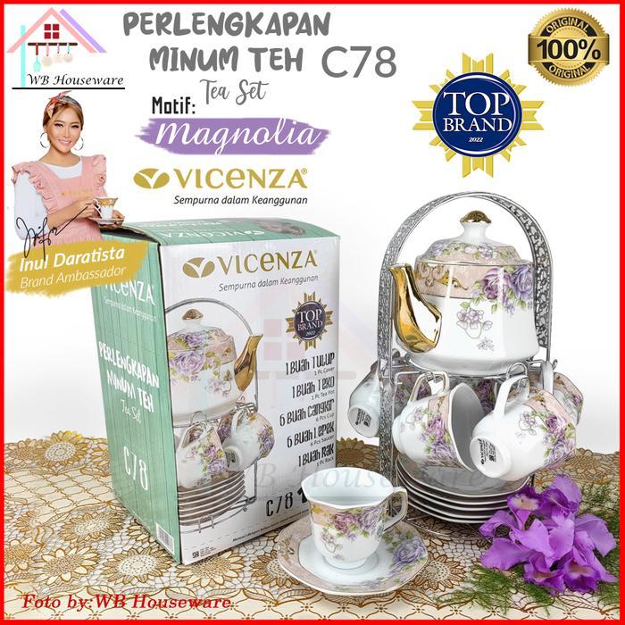 VICENZA Tea set ceramic motif magnolia CA78 / cangkit set + teko / gelas cangkir teh kopi + tatakan