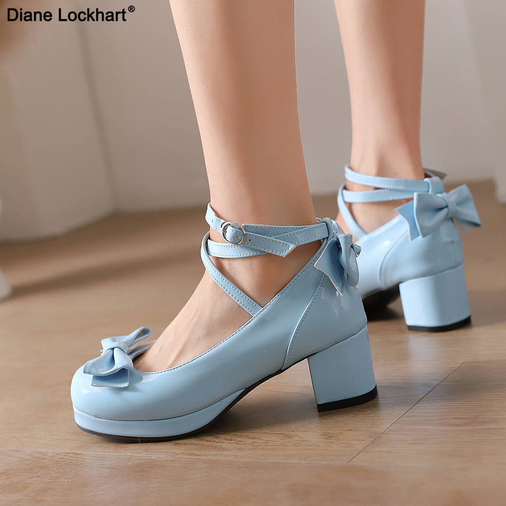 Blue Lolita Platform High Heels Strap Jane Pum Sweet Bow Women Shoes Purple Ladies Thick Heel Shoes
