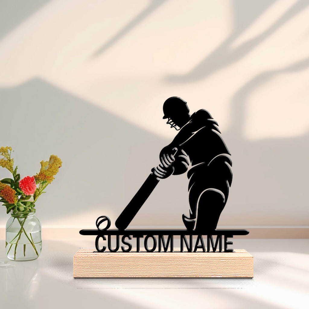 1pc Stylish Personalized Custom Cricket Players Hit The Ball Metal Statues Metal Art With Wooden