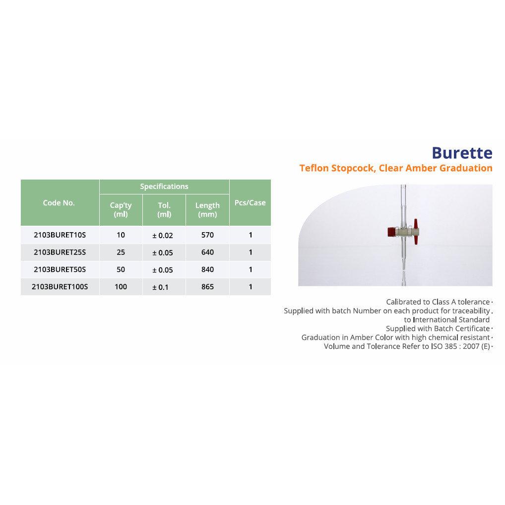 Buret Teflon Stopcock Clear Amber Graduation Class A 10 ml Merk Iwaki Original Code Number 2103BURET