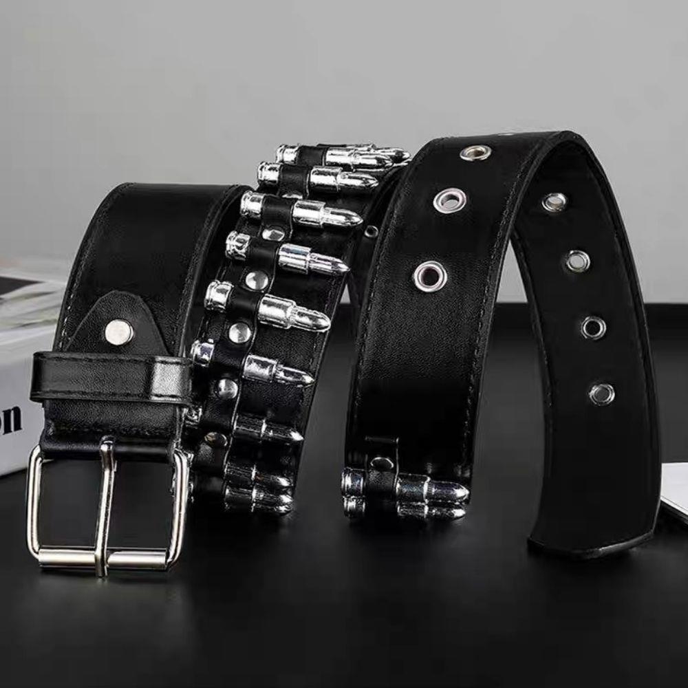 Trendy Rt Hollow Bullet Decoration Belt Heavy Metal Belt Men Women Rock Style Belt Fashion Pu