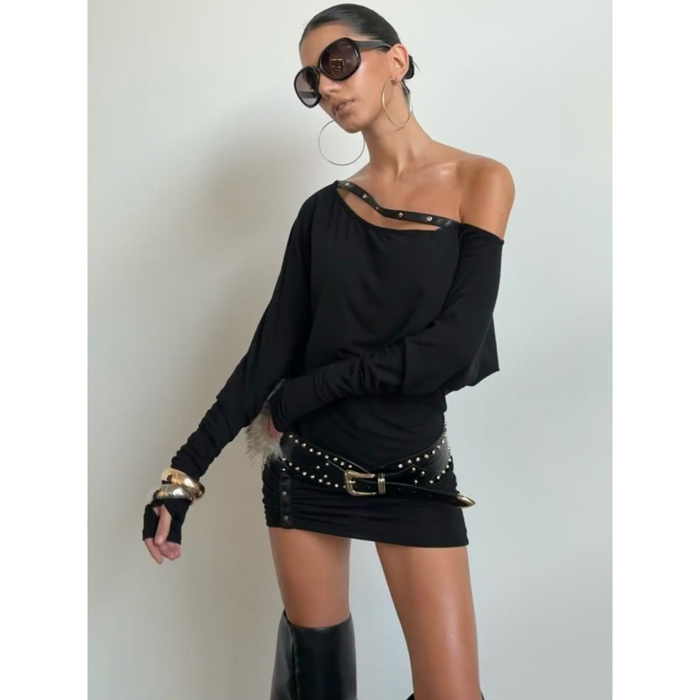 Weird Puss Sexy Slanted Shoulder Dress Women Ruched Batwing Full Sleeve Stretch Skinny Peach Hip