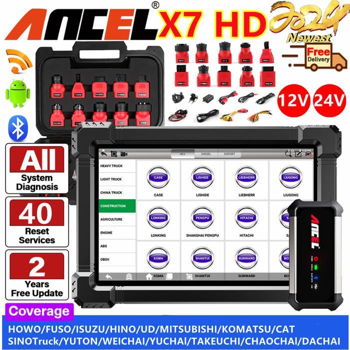 ANCEL X7 HD 12V-24V OBD2 Scanner Alat Diagnostik Mobil & Truk dengan 40 Reset Services & Garansi 2