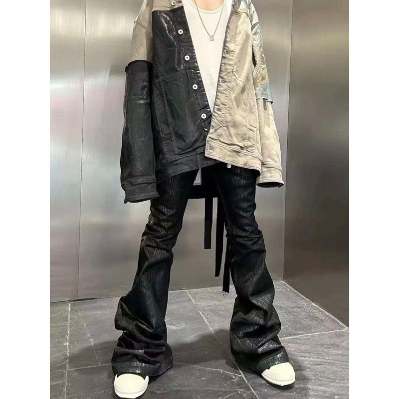 Street Style Pure Black Wax Coated Denim Pants Men's Wide Leg Micro Flared Jeans Brushed Finish