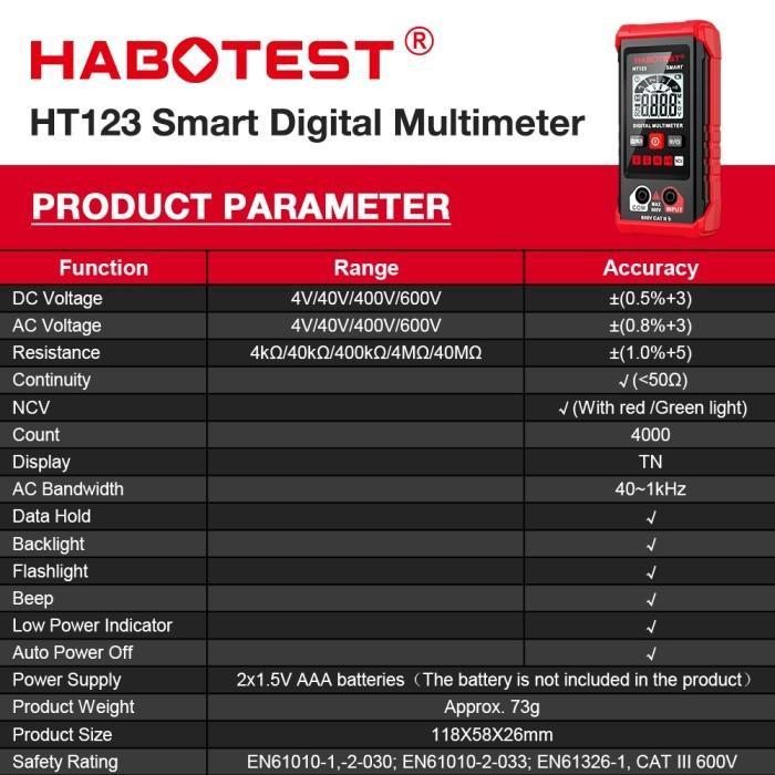HABOTEST ID Multimeter Digital Otomatis 600V Pengukur Tegangan Listrik AC DC Digital Multimeter