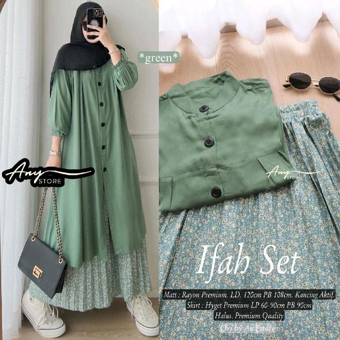 PREMIUM ifah one set tunik dan rok by A.N.Y store long tunik rayon rok plisket motif bunga skirt