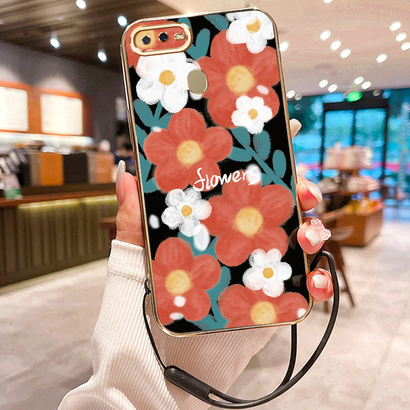 Casing Hp Untuk OPPO A7 A5s A12 A12s A11k Case Bunga beludru merah putih Elektro Plating Cesing sili