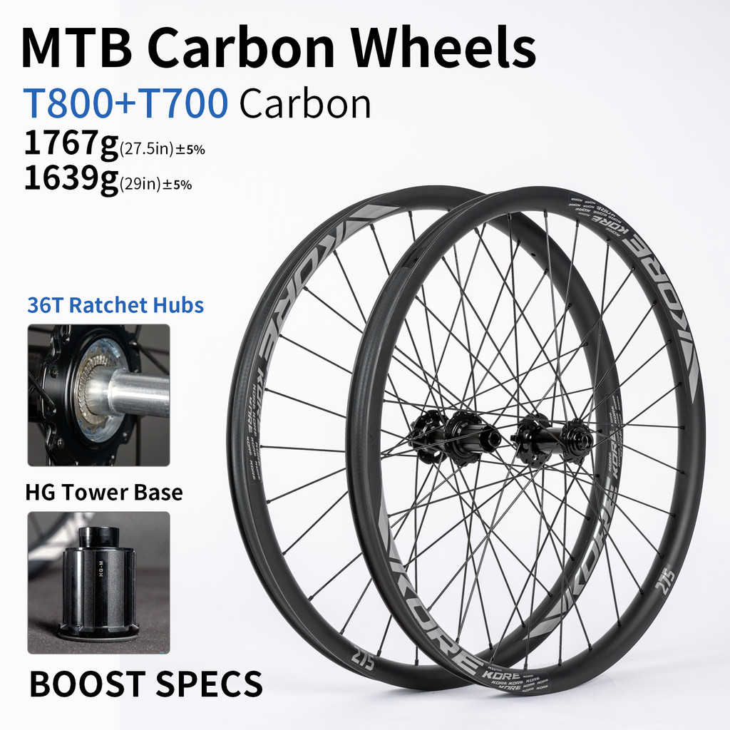 KORE MTB Carbon Wheelset 27.5/29in 36T Ratchet HG Hub Vacuum Tyres BOOST 28H 30/36mm Width, for