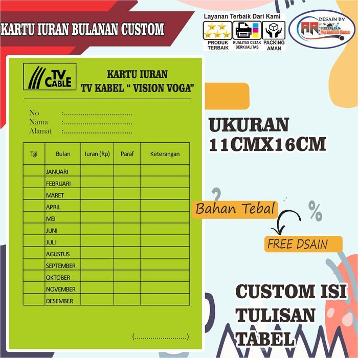 Custom cetak kartu iuran TV kabel / wifi / sampah /rt rw dll