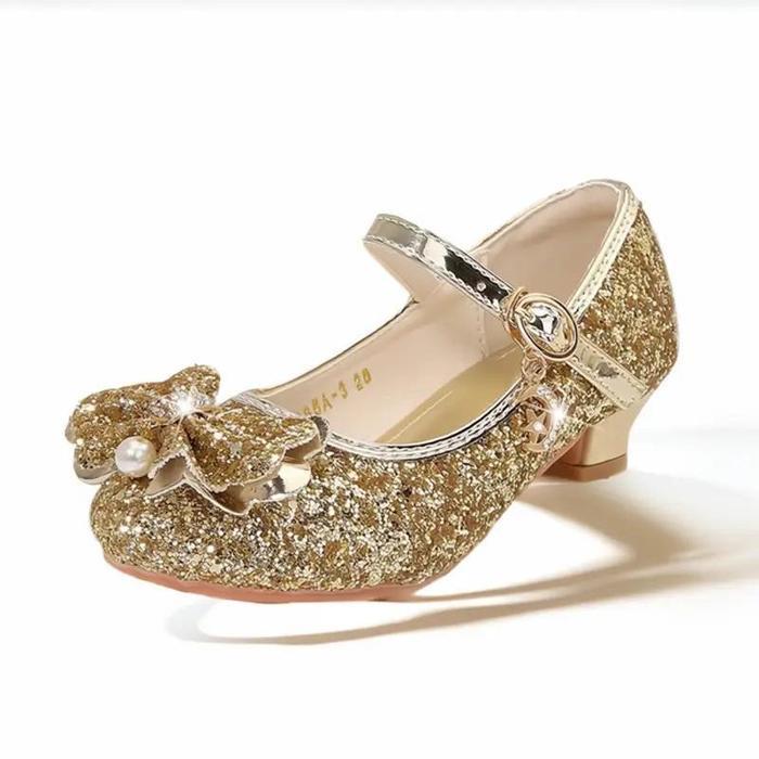 Coolrain Kids - Sepatu Kulit Pernikahan Anak Perempuan Sepatu Ballet Hak Tinggi Model Dasi Kupu-Kupu