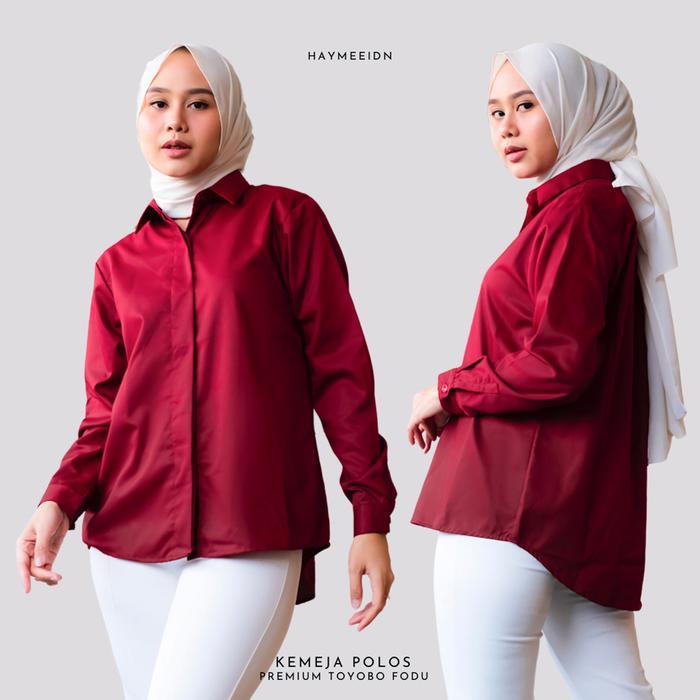 Haymeeidn - Kemeja Polos Wanita Atasan Baju Kantor Jumbo Cewe Bahan Katun Toyobo Premium
