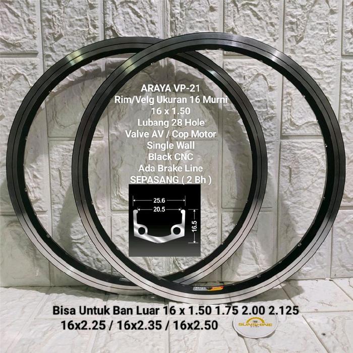 Rims Velg 16 Murni ARAYA VP21 ETRTO 305 Rim Lubang 28H Single Wall Black CNC Sepeda BMX CTB Lipat