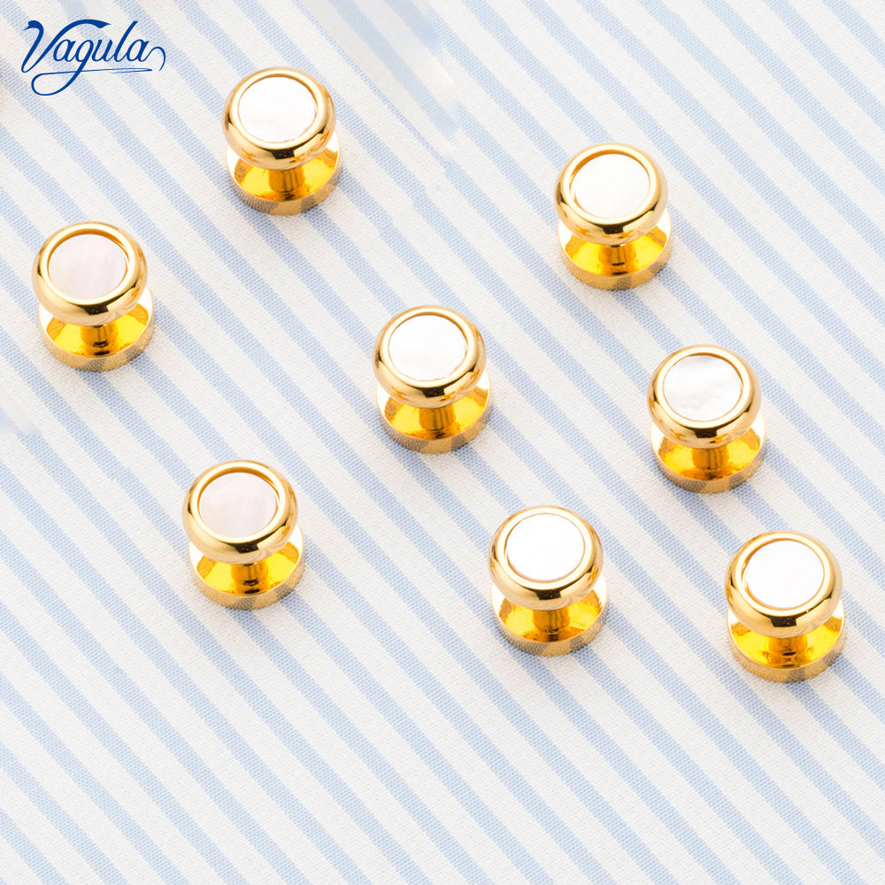 VAGULA 8PCS Shirt Stud 24K Gold-color Cufflink Top Quality Mother Pearl Natural Shell Tuxedo anBrd