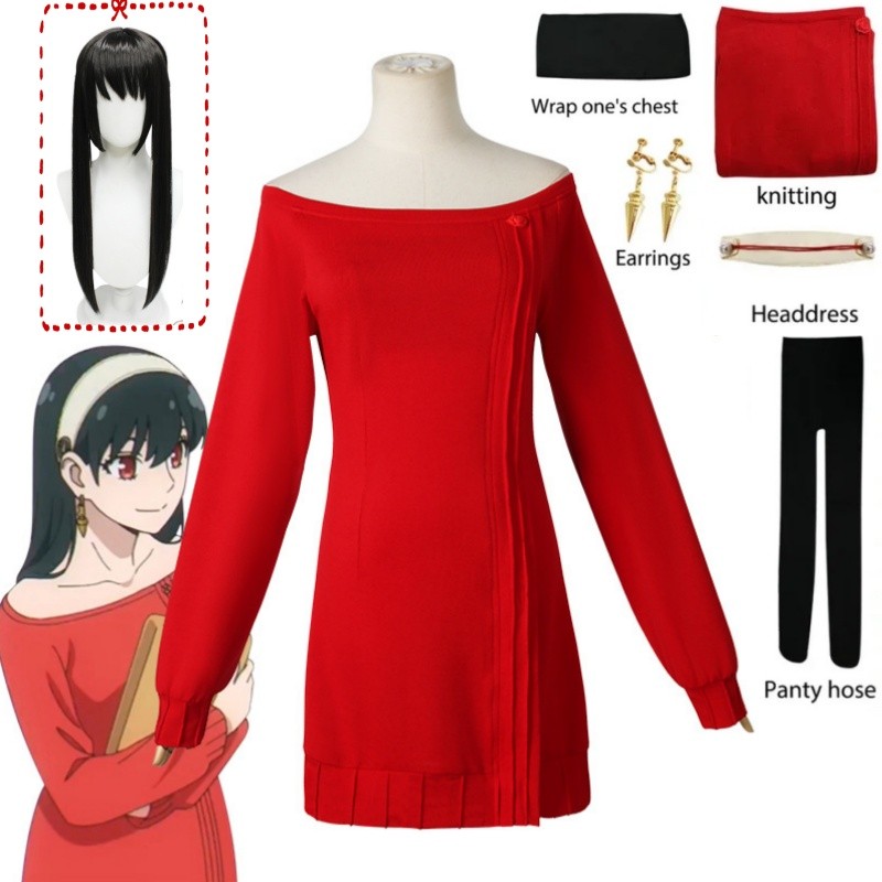 Anime Family Cosplay Yor Forger Briar Costume Women Long Red Knitting Sweater Dress Thorn