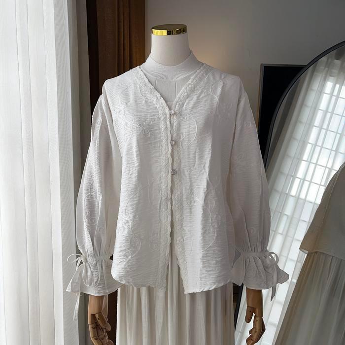 Nena Aurelia Lace Embroidery Blouse Atasan Wanita Brukat Bordir Elegant Polo Linen Terlaris