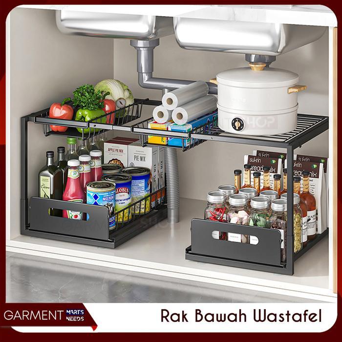 Rak Bawah Wastafel Dapur Kamar Mandi 2 Tingkat Sliding Laci Penyimpan Sabun Bumbu Multifungsi