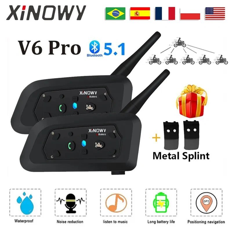 Xinowy V6 Pro Motorcycle Bluetooth Helmet Intercom Headset 1200M Interphone Communicator For 6