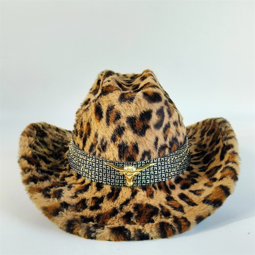 Stylish Leopard Print Cowboy Hat Cowboy Hat For Men women wide brim Faux Fur cowboy hat winter