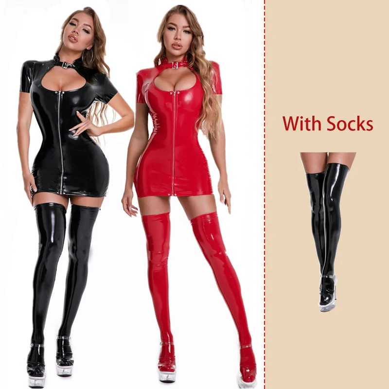 Women Pvc Leather Bodycon Front Zipper Crotch Dress Wet Look Latex Catsuit Erotic Clubwear Sleeve