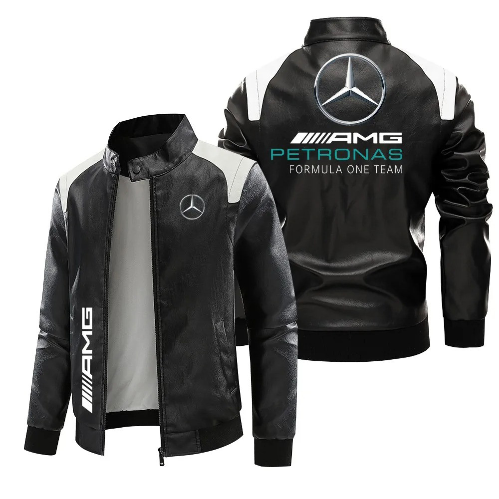 Mercedes Benz Baseball Jacket Leather Stacked Sleeve Leather Jacket PU Leather Jacket Windproof