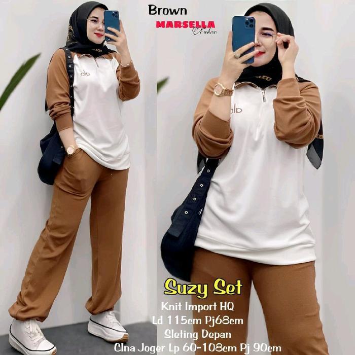 Suzy Set Baju Knit import Celana Joger Setelan Baju Olahraga Muslim Wanita Atasan dan Bawahan