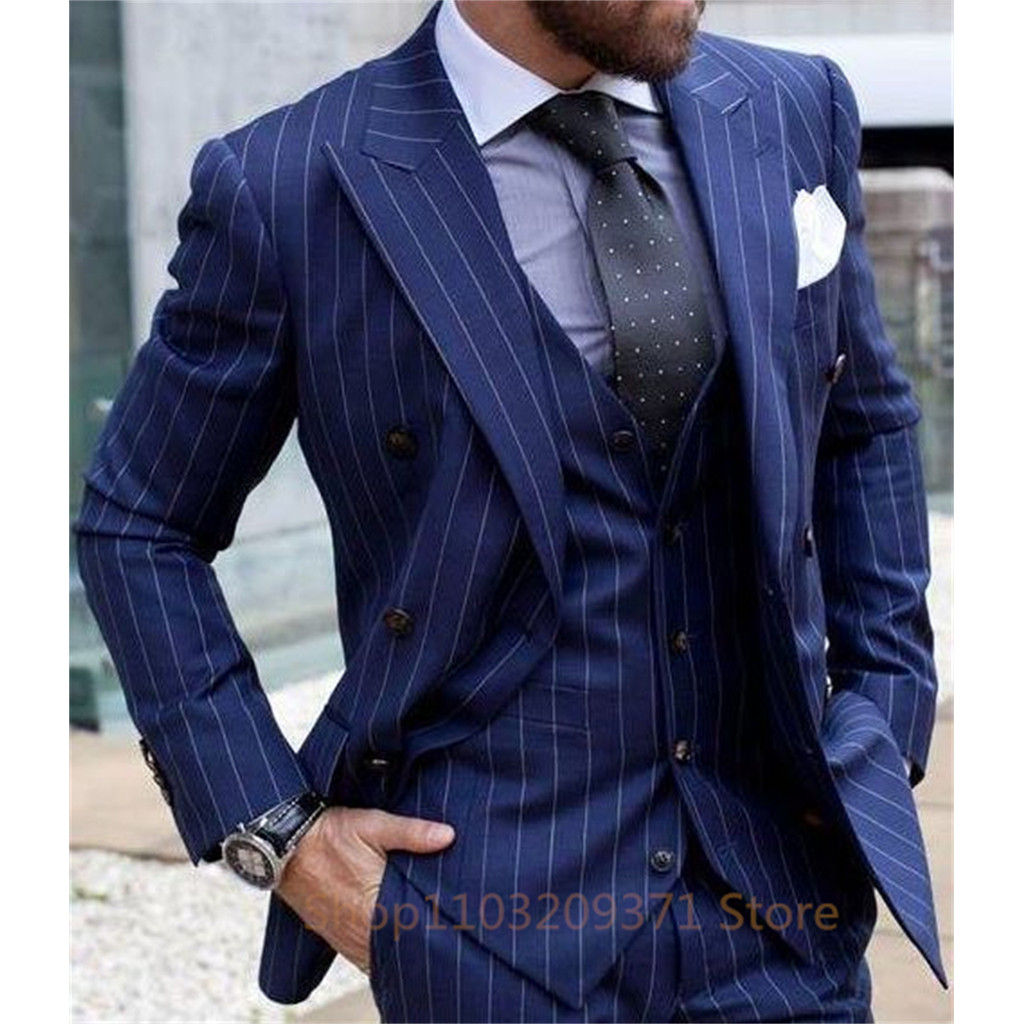 3 Pieces Men Suits Stripe Blazer Wedding Male Groom Tuxedos Suit with Pants (Jacket+Pants+Vest)