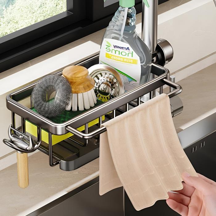 Rak Organizer Wastafel Dapur Tempat Sabun Spons Rak Aluminium Penyimpanan Tempat Kain Pencuci Piring