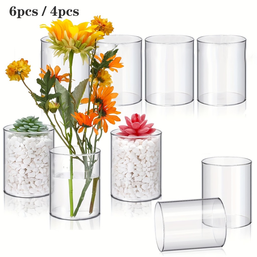 6/4 Pcs Plastic Cylinder Vase Acrylic Cylinder Vase Small Clear Flower Container Hurricane Candle