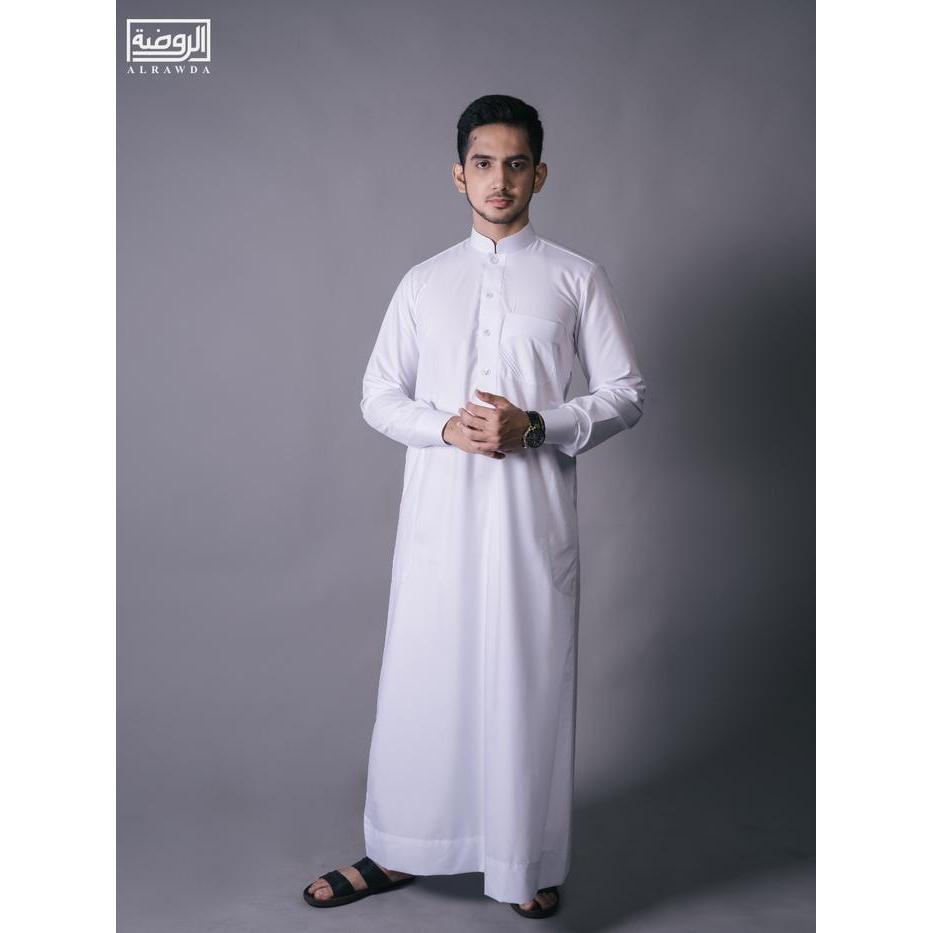 Alrawda By Alharamain Jubah / Gamis Pria Dewasa Slimfit Premium Series (1084) Putih Putih Tulang