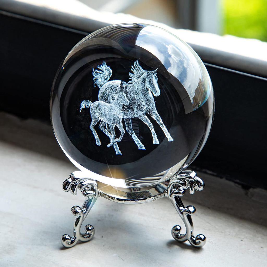 60mm 3D Laser Engraving Horse Crystal Ball Crystal Paperweight Figurines Horse Model Glass Sphere