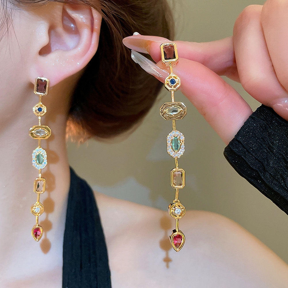 Retro multicolor zircon geometric water drops tassel long stud earrings for women jewelry gift