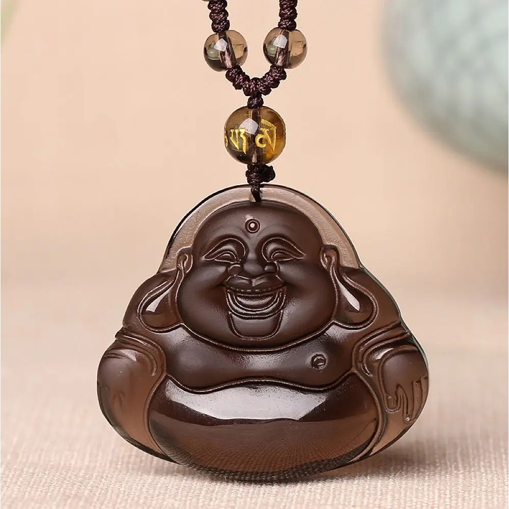 Natural ice Obsidian Maitreya Laughing Buddha Necklace Amulet pendant with bead chain